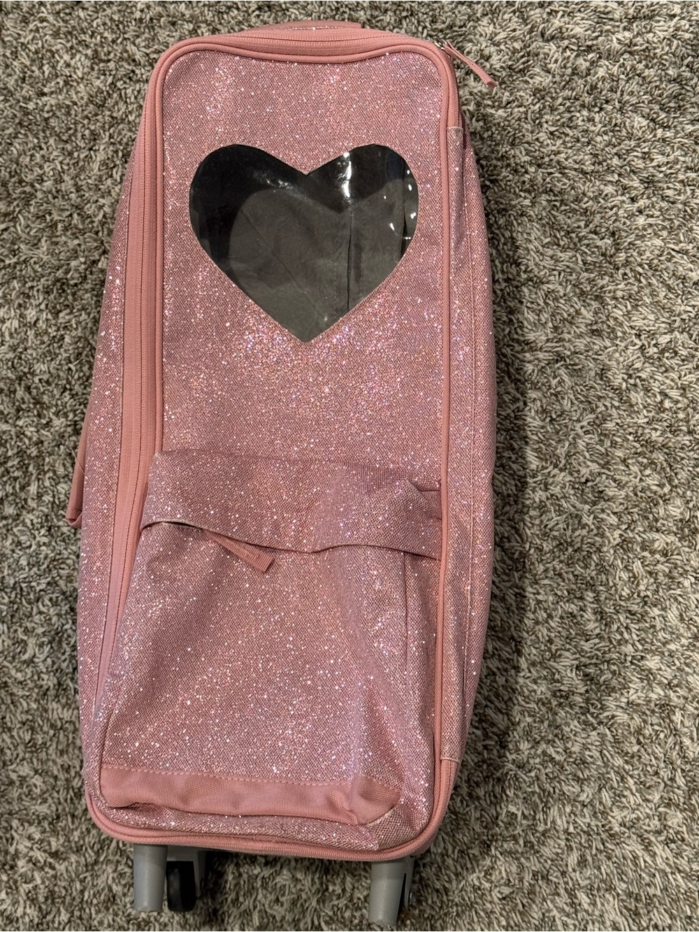 Pottery Barn Kids Pink Glitter Heart-Window Rolling Luggage